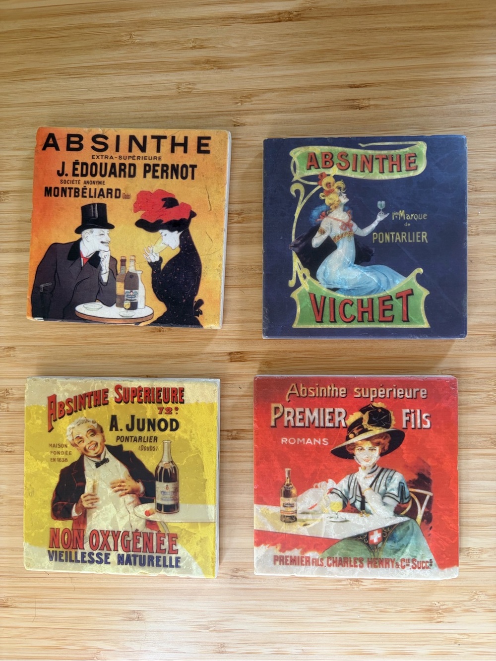 Set of 4 Vintage Absinthe Tile Coasters - Handmade with Marble